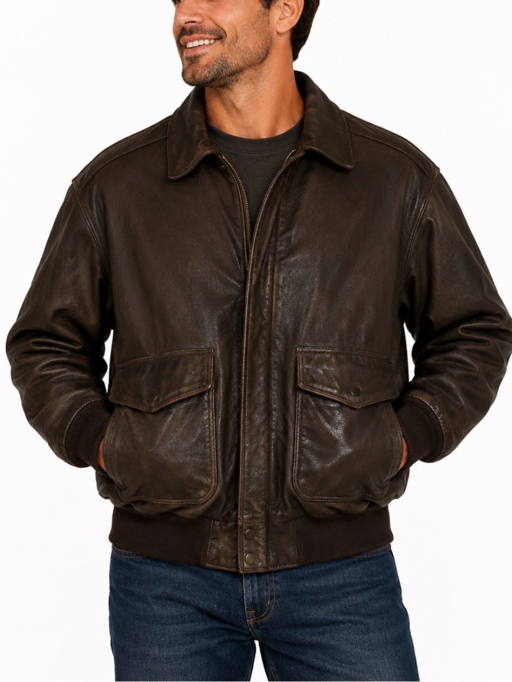 Airbourne Vintage chocolate brown leather bomber jacket distressed SZ 3XL